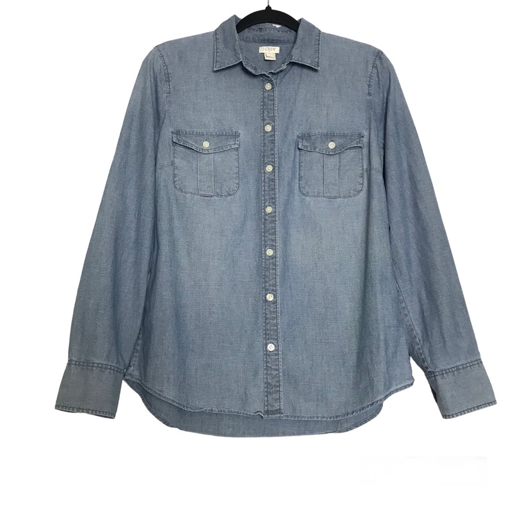 J. Crew Blue Chambray Roll Tab Long Sleeve Button Up Shirt Womens Sz S Preppy